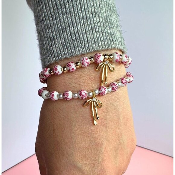 Pink with Pearl Flower Handmade Stretch Dainty Bead Bow Charm Bracelet for Women - Picture 2 of 4